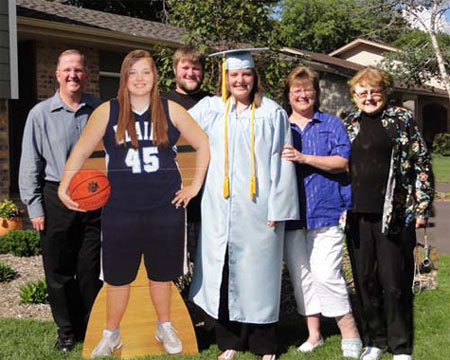 June 2010 - GrDaut Steph's HS Graduation:
S-I-L Steve, Steph's cutout from their BB Senior's party, GrSon Aaron, Steph, Daut Pam and me